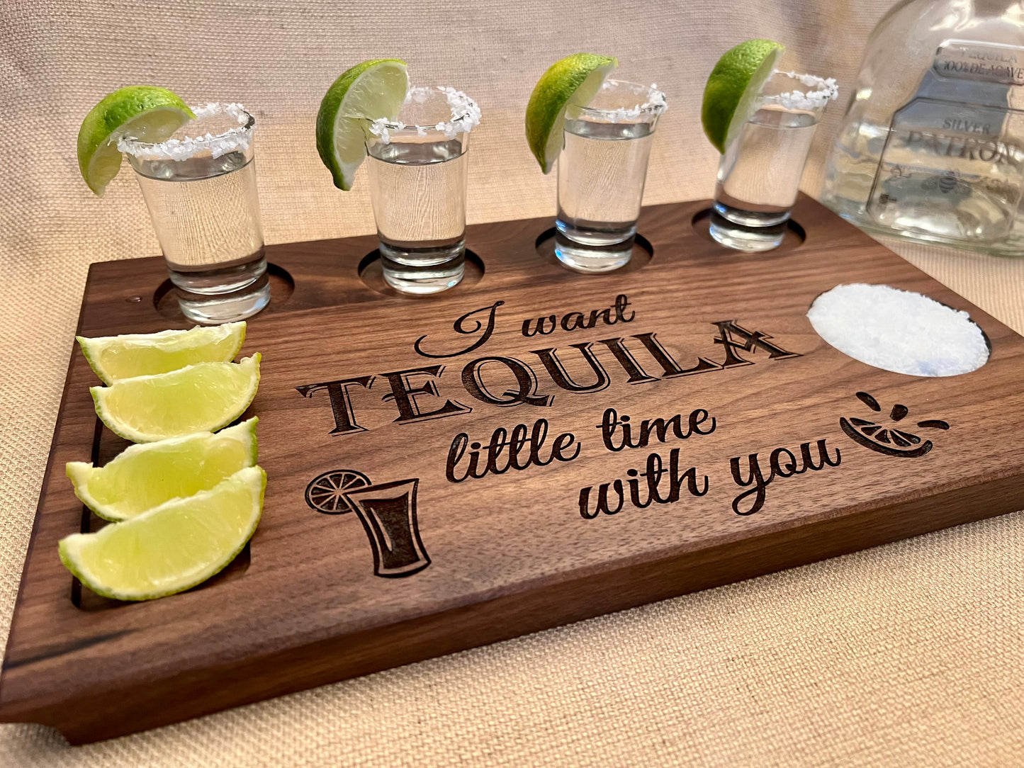 I want tequila little time with you tequila bar shot board personalized gift for tequila lover. Couples gift for the couple who likes to drink tequila together. 