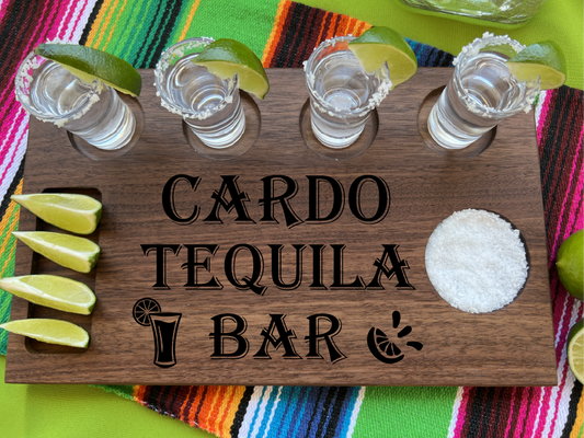 Personalized first name gift for tequila drinker.  Personalized tequila gift is a tequila shot board engraved with a first name and tequila bar with a salt and lime design.  Personalized gift for him. Tequila gift for boyfriend.