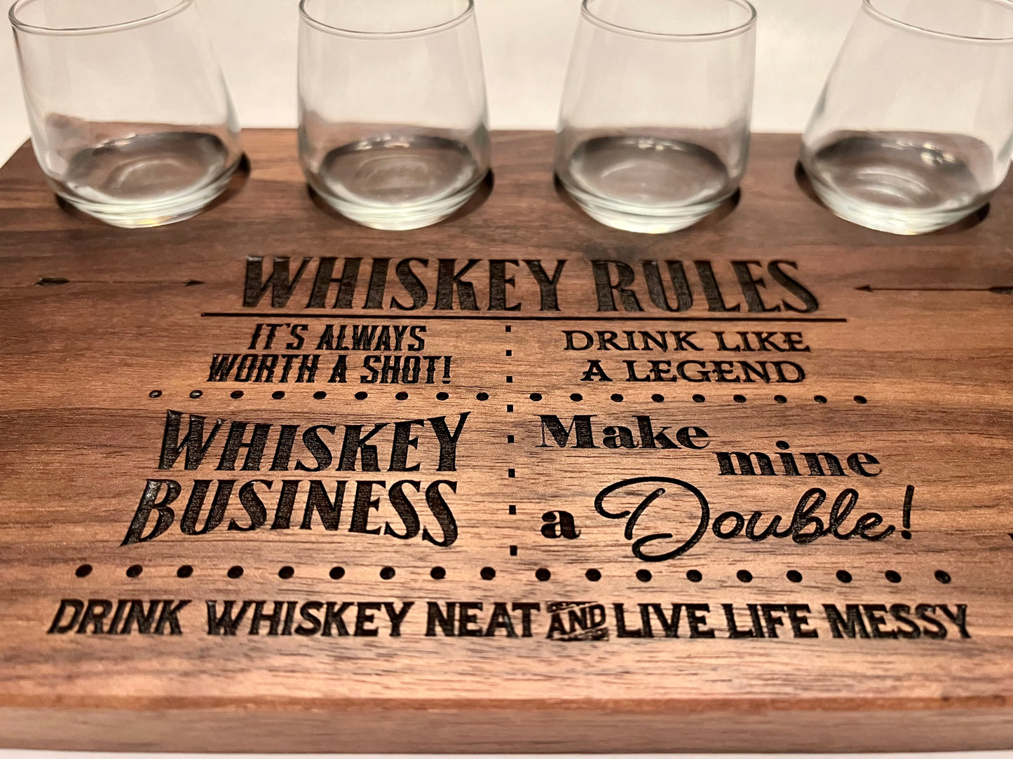 Personalized bourbon board includes rules for drinking and can be personalized with a first or last name. 