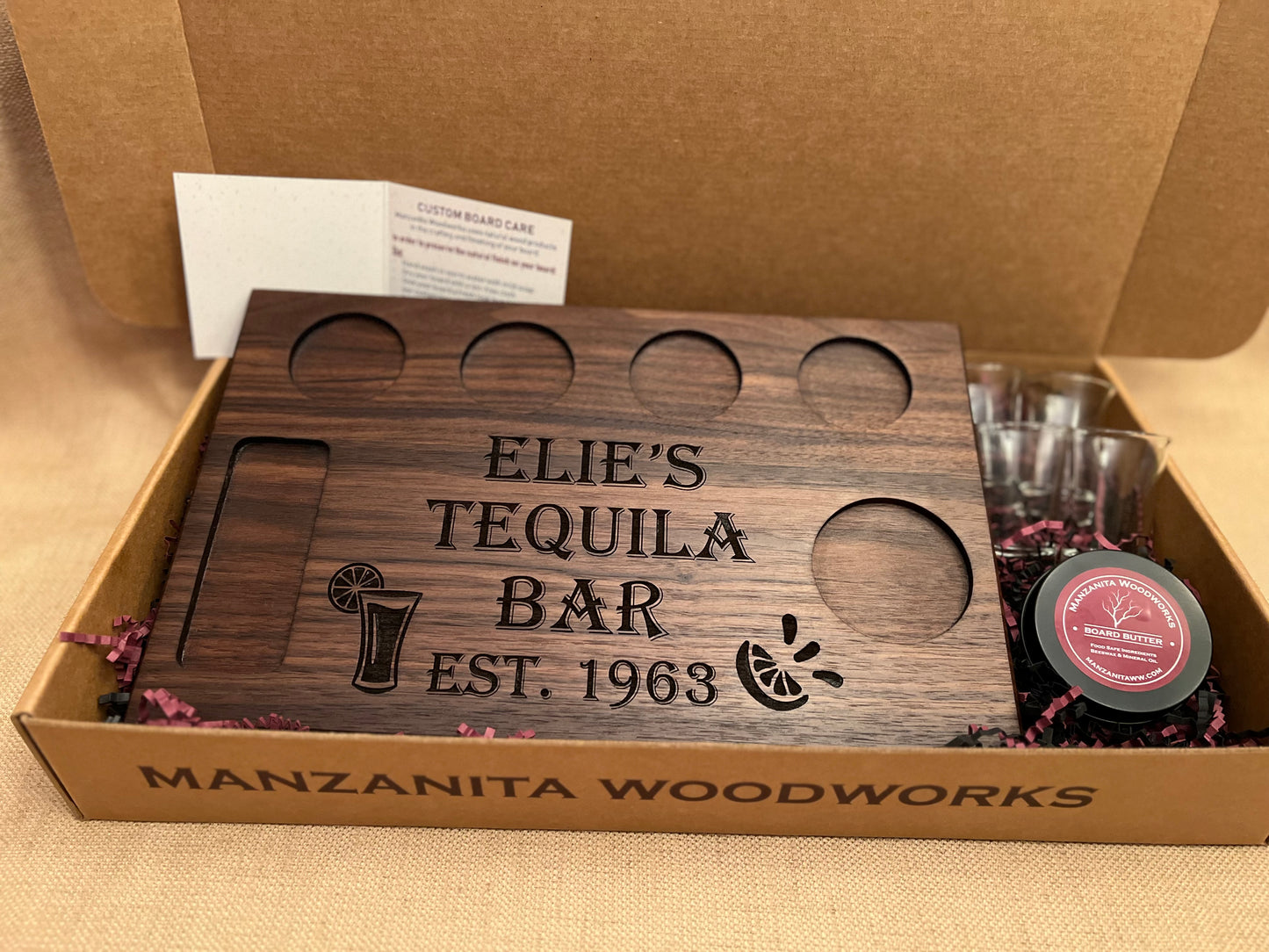 Handcrafted and personalized tequila shot board with first name personalized. Perfect gift for birthday, retirement, engagement, as a grooms gift, graduation gift.