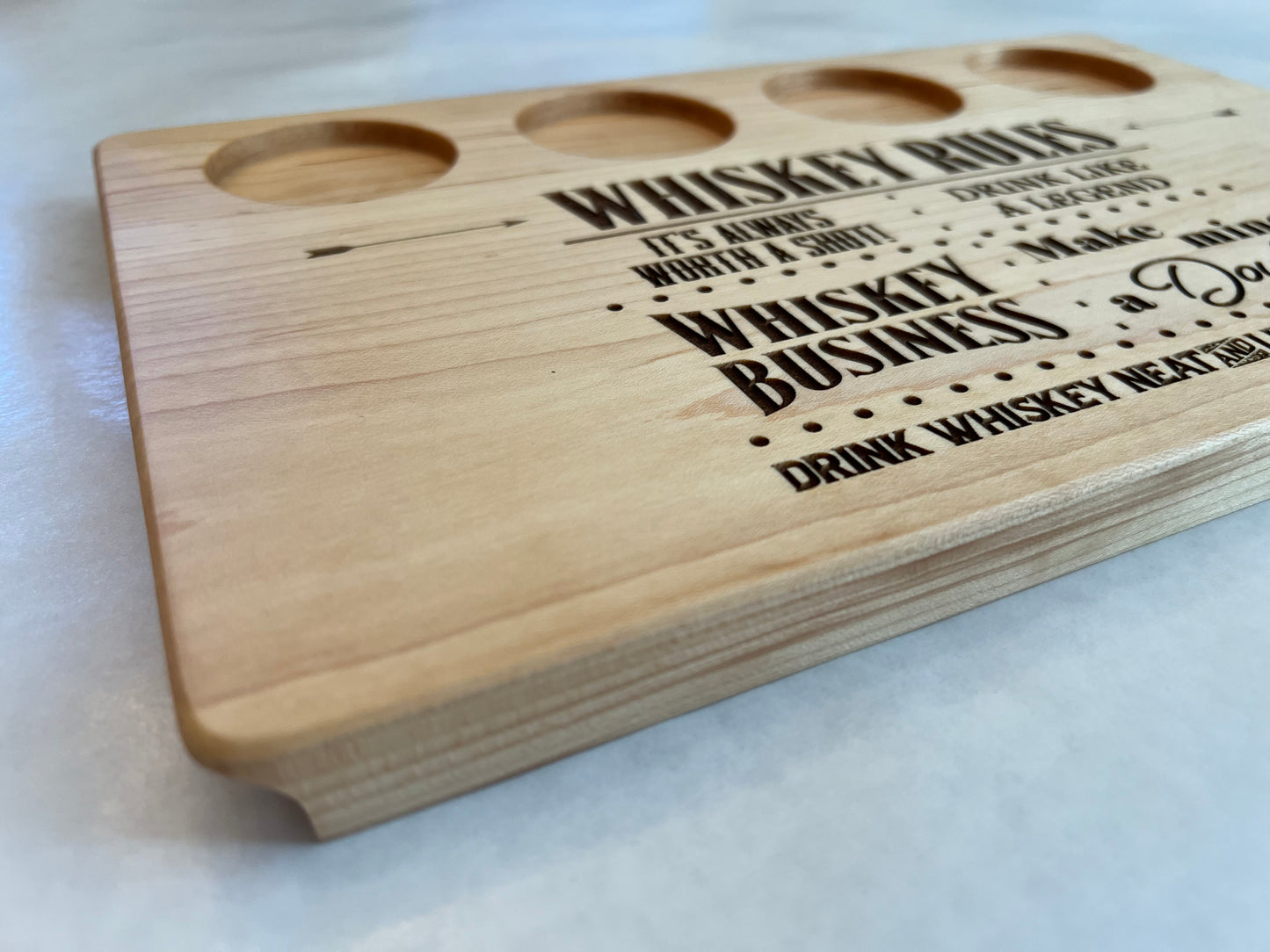 Custom whiskey barware. Whiskey flight board with whiskey rules. Perfect gift for the whiskey drinker who has everything and wants to stock their new whiskey bar. 