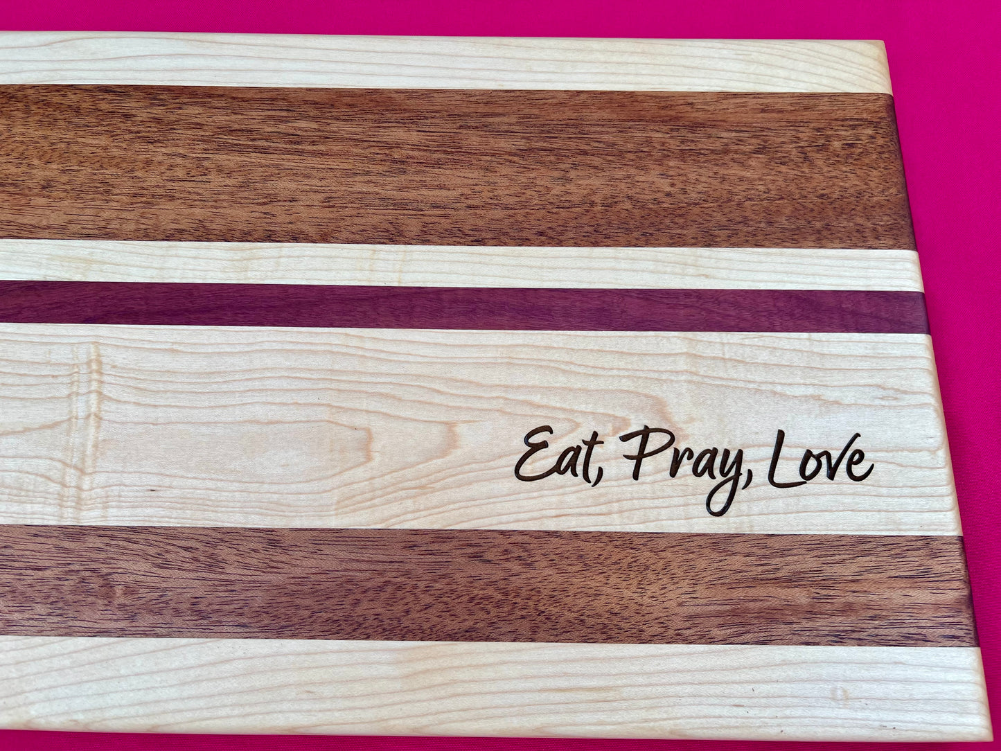 Large, personalized charcuterie, board, meat, and cheeseboard, appetizer board, new home gift, wedding gift, real estate closing gift. Engraved with the words eat pray love. 