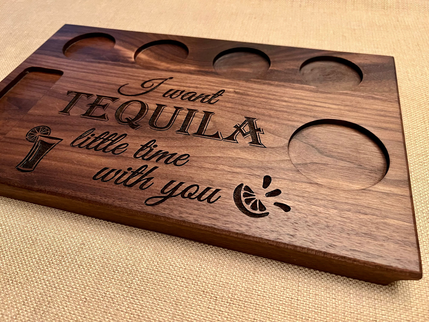 Unique gift for tequila drinker. Customized with name shot glass holes salt, ring, and lime tray. Personalized tequila gift for the bride and groom for wedding, engagement, or bachelor bachelorette party.