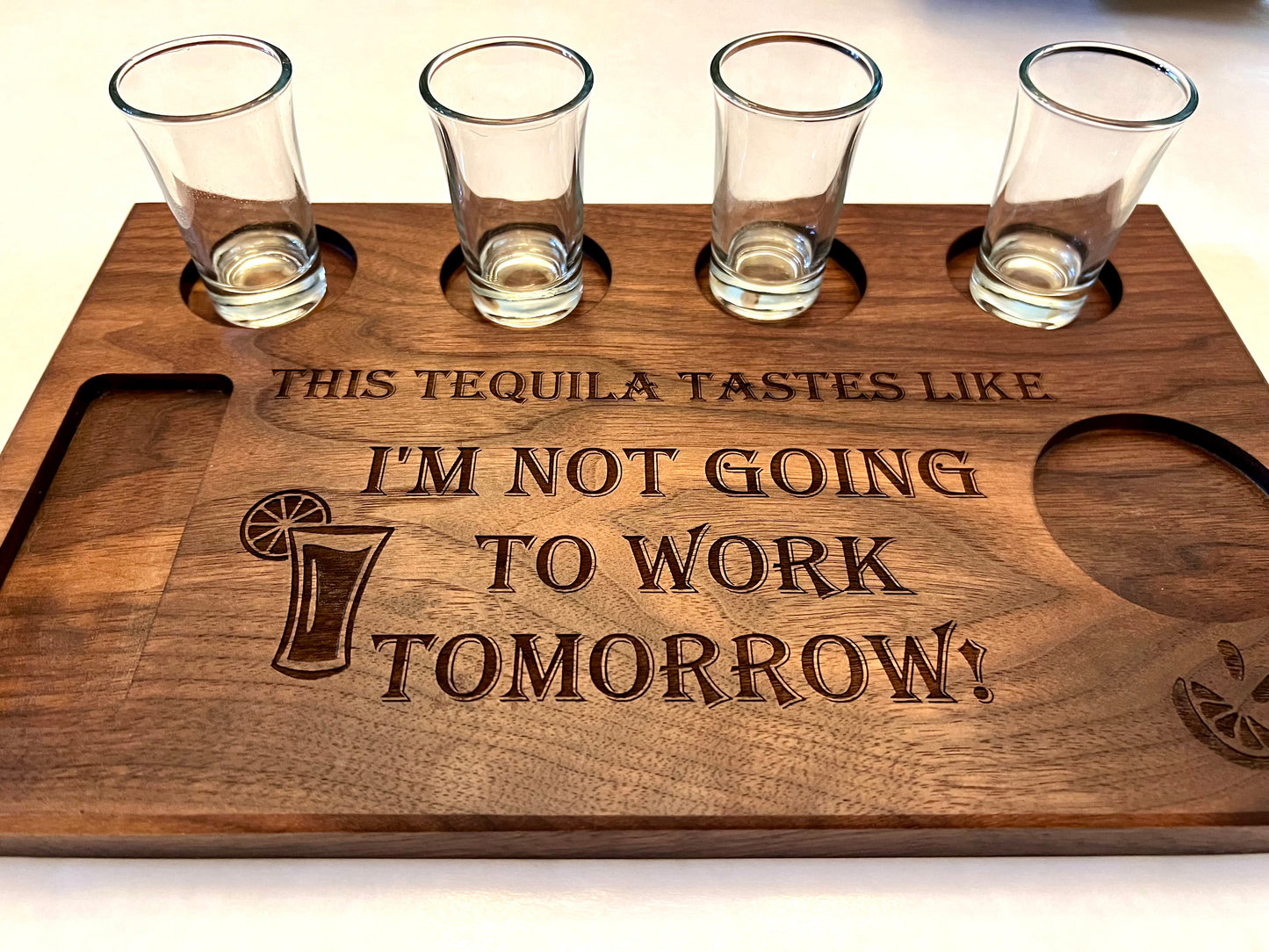 Tequila shots. Walnut hardwood tequila flight board with custom tequila design and name engraved. Handcrafted and engraved tequila flight board. Tequila gift for him. Tequila cantina gift for her. Great personal gift for a tequila bar and cantina.