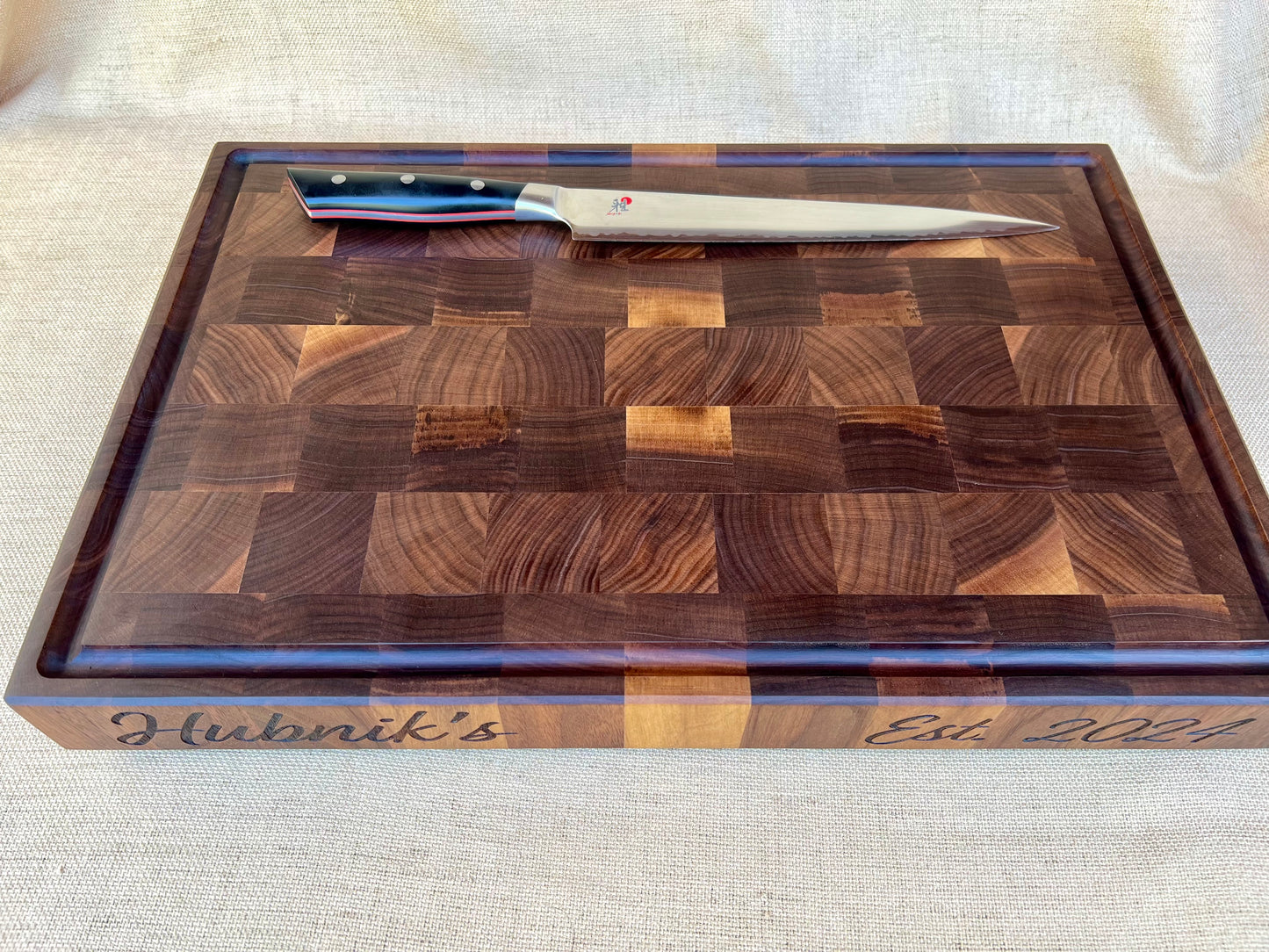 Personalized cutting board for BBQ chef. BBQ brisket board for the smoker. Personalized edge grain BBQ board customized with name on the edge.