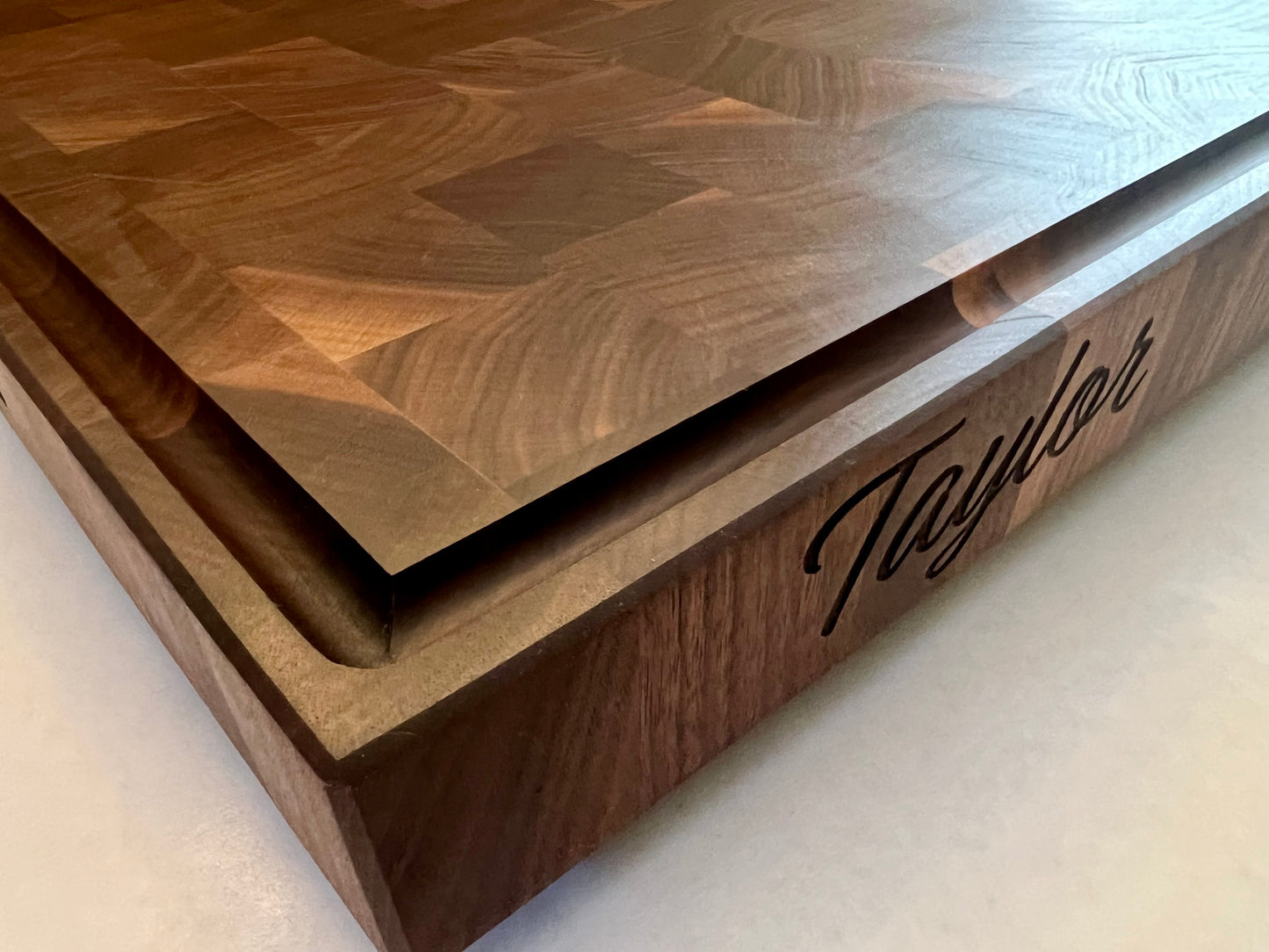 Personalized chef butcher block cutting board personalized with first or last names, or a favorite quote. Engraving can be on the edge of the board or on the top of the board. We hand select walnut wood and handcraft these beautiful custom butcher blocks.