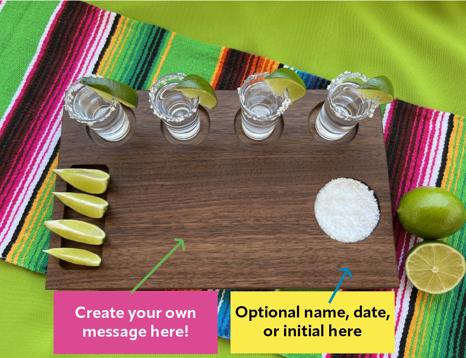 Two in one personalized and engraved gift. One side is a shot drink board and the other is a charcuterie board. Personalized gift for couple who loves tequila shots and appetizers. Shot board turned cheese board for couple with last name engraved.