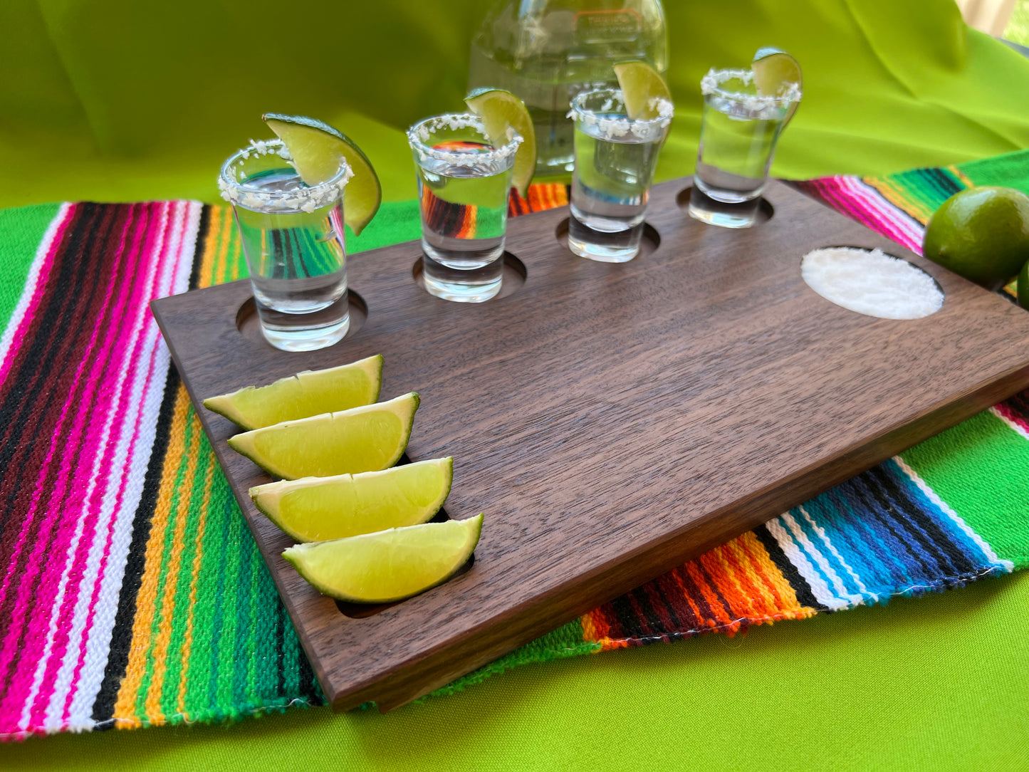 Tequila gift. Personalize this handcrafted hardwood walnut tequila board. Handcrafted hardwood board, hand routed, hand selected hardwood walnut, custom designed wood shot tray, perfect for wedding shots or for any tequila gift, great couples gift.