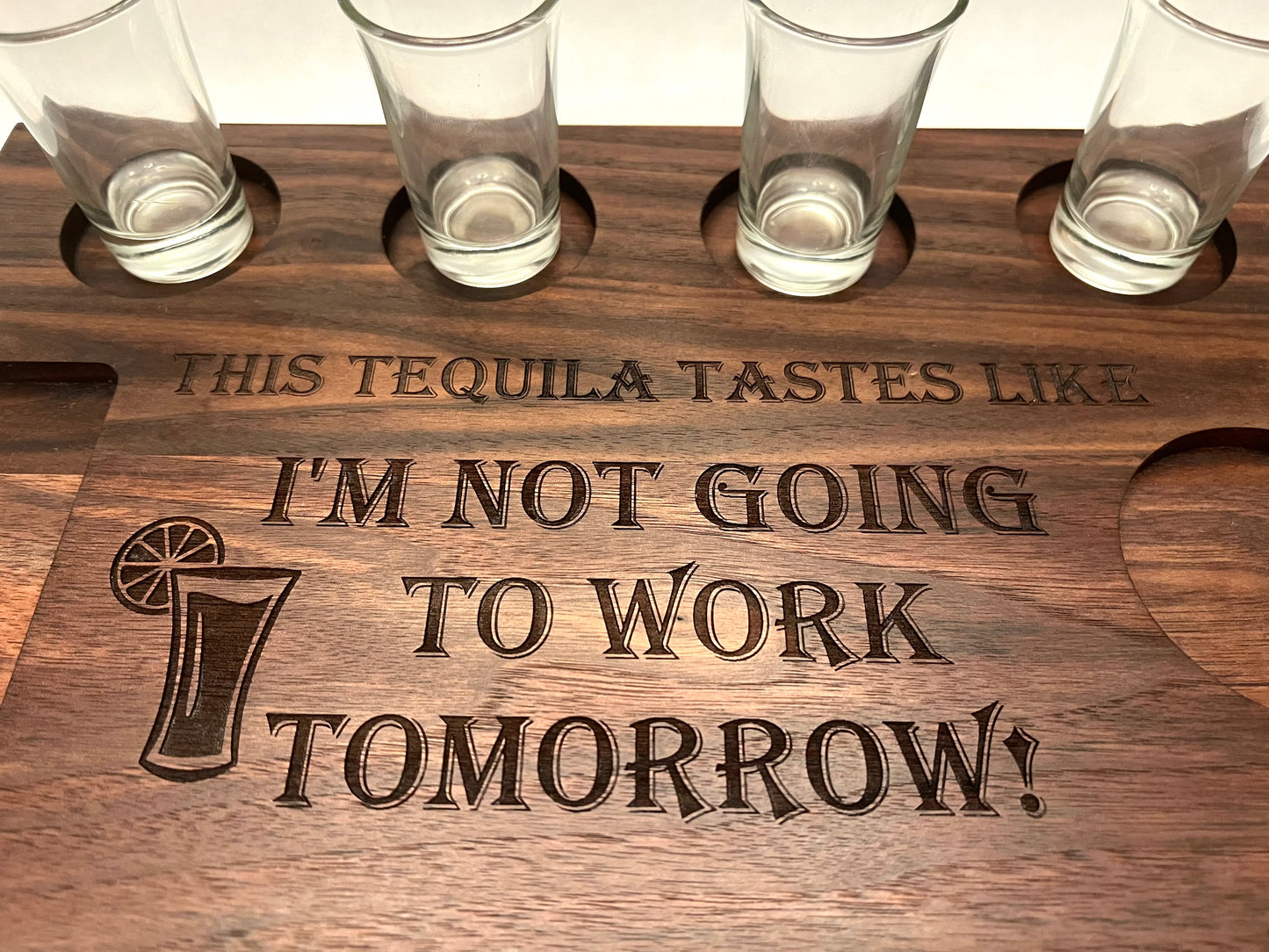 Tequila gift. Handcrafted hardwood tequila shot tray, this personalized shot flight board will be engraved to include last name, first name, or business name. Shot glass circles, lime tray, and salt circle are all routed directly into the board.