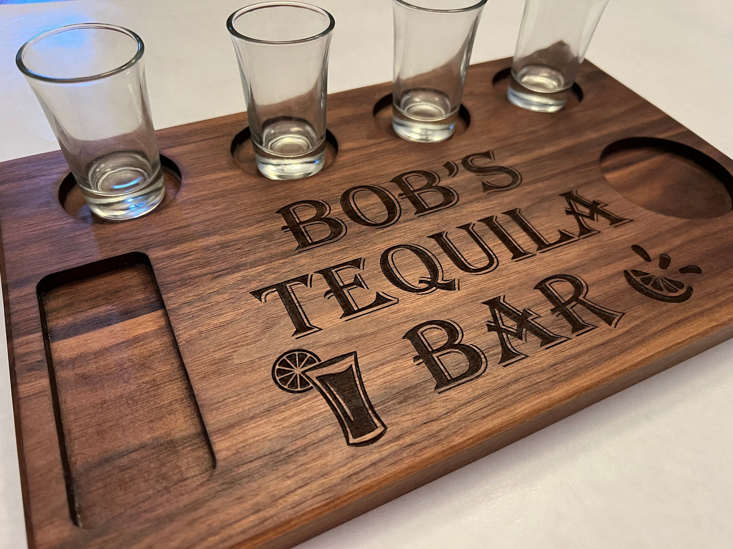 Personalized tequila gift is a tequila shot board engraved with a first name and tequila bar with a salt and lime design.  Personalized gift for him. Tequila gift for boyfriend. 