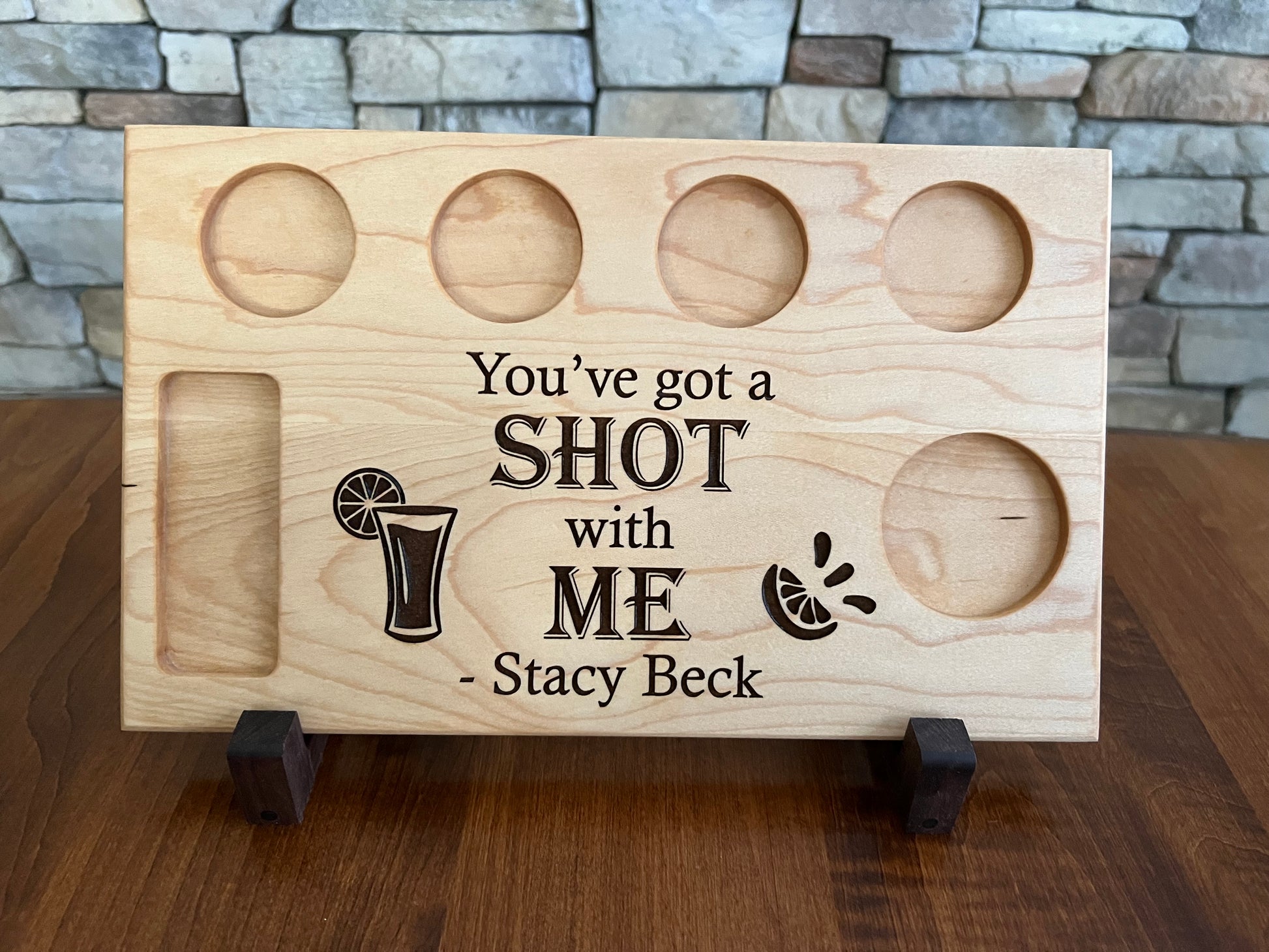 Tequila gift. Handcrafted hardwood tequila shot tray, this personalized shot flight board will be engraved to include last name, first name, or business name. Shot glass circles, lime tray, and salt circle are all routed directly into the board.