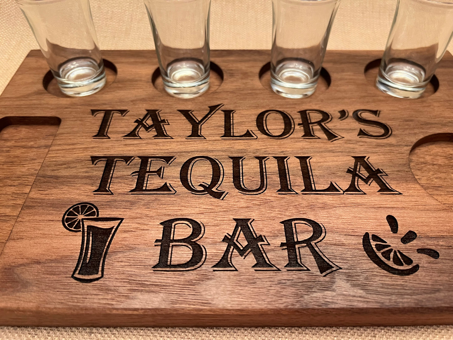 Personalized tequila flight board.  Line up a round of shots.  Personalized gift for the tequila drinker.  Tequila barware. Handcrafted and personalized tequila shot board with first name personalized.  Perfect gift for birthday, retirement, engagement, as a grooms gift, graduation gift. 