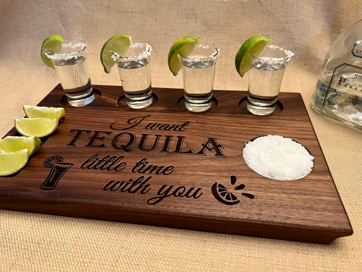 Personalized and engraved wood tequila shot board engraved with the words I want tequila little time with you. Gift for friends who love to drink tequila on the weekends. Perfect gift for home bar gift. ￼