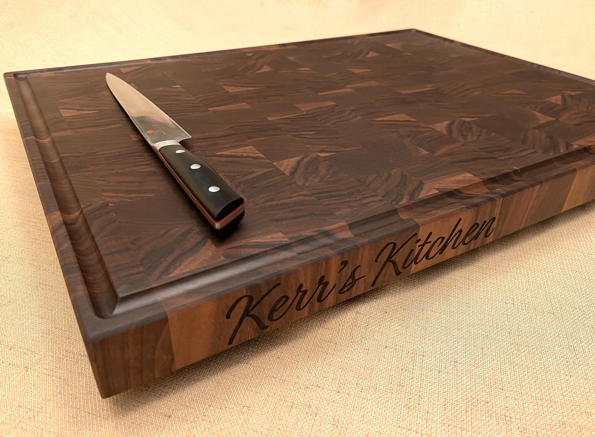 Personalized butcher block walnut edge grain board.  Cutting board personalized with name or quote on the edge of the board.  Personalized wedding gift for bride and groom home and kitchen.  Chefs butcher block made from end grain walnut wood.