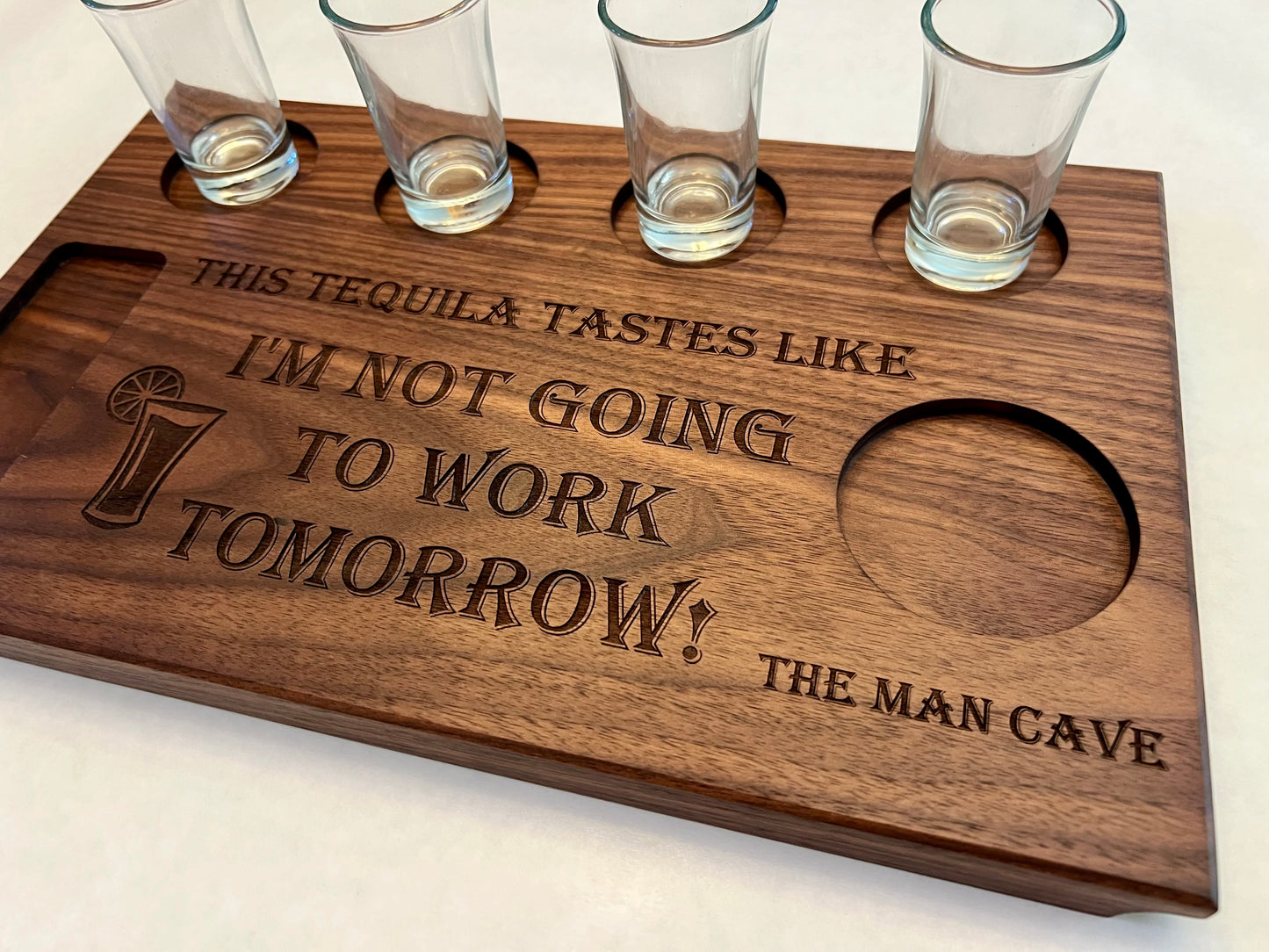 Personalized handcrafted hardwood walnut tequila shot flight tray, new couple gift, housewarming gift with personalized last name or first names engraved, home drink cart or tequila bar and cantina gift, personalized tequila gift for tequila lovers.