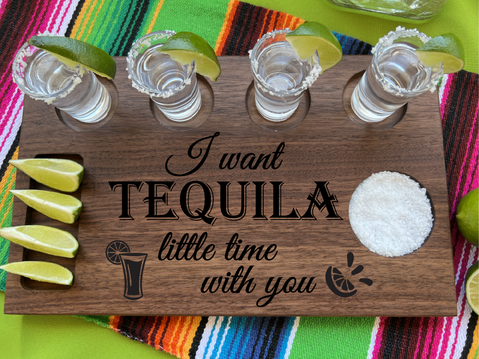 Custom tequila shot board gift is perfect for tequila drinkers who like to lineup a flight of their favorite tequila drinks for their home bar. ￼￼