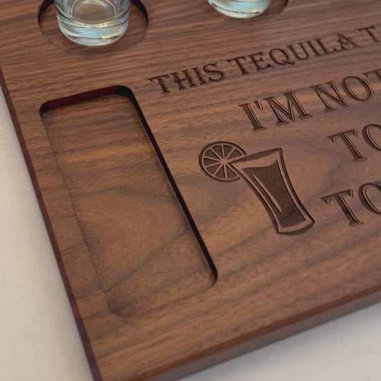 No need to go out, cozy up at home and line up a flight of your favorite tequilas on this handmade hardwood tequila shot board, personalized tequila shot tray in hardwood walnut or maple, add initials, names, and established date, perfect couples gift for home barware.