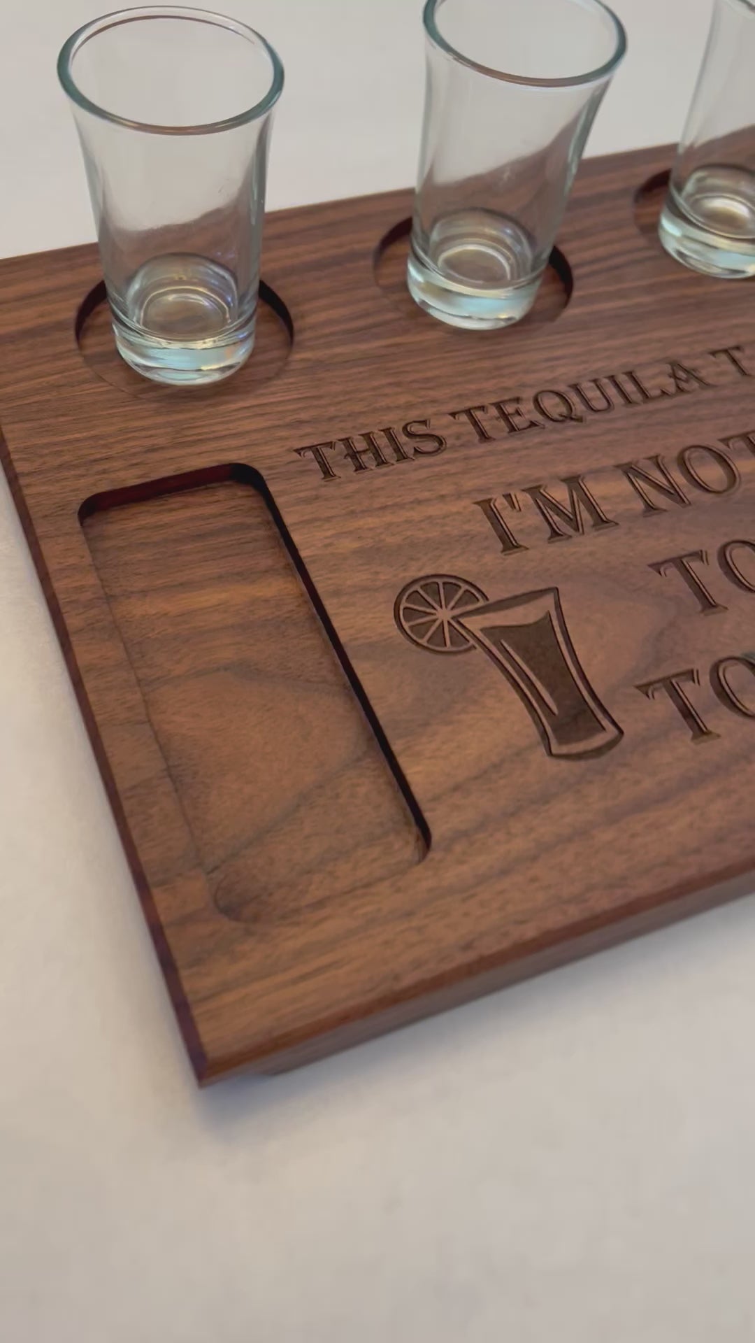 No need to go out, cozy up at home and line up a flight of your favorite tequilas on this handmade hardwood tequila shot board, personalized tequila shot tray in hardwood walnut or maple, add initials, names, and established date, perfect couples gift for home barware.