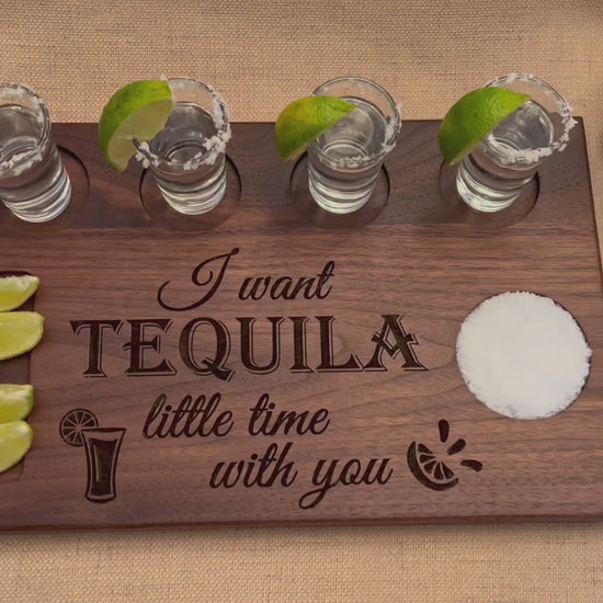 Personalized shot board for tequila lover. Tequila flight board holds four shot glasses salt circle and lime tray. Perfect gift for tequila fan.￼