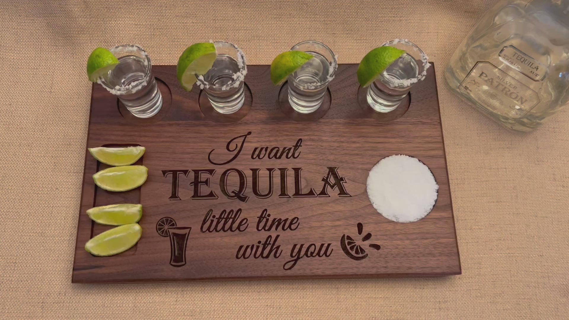 Personalized shot board for tequila lover. Tequila flight board holds four shot glasses salt circle and lime tray. Perfect gift for tequila fan.￼