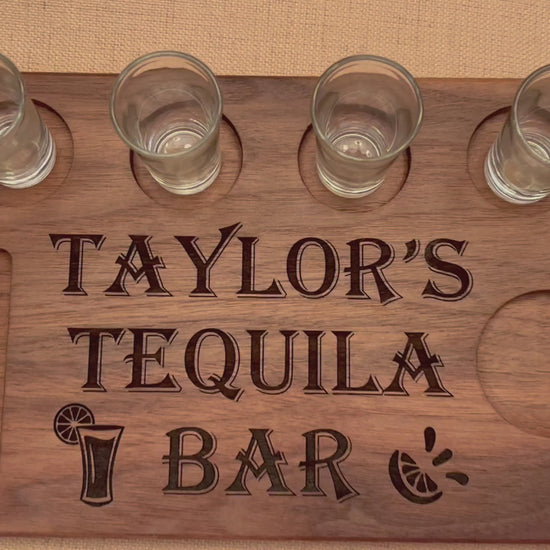 Personalized tequila shot board for home bar.  Personalized tequila bar gift customized with first or last name gift.  Tequila lover gift. 