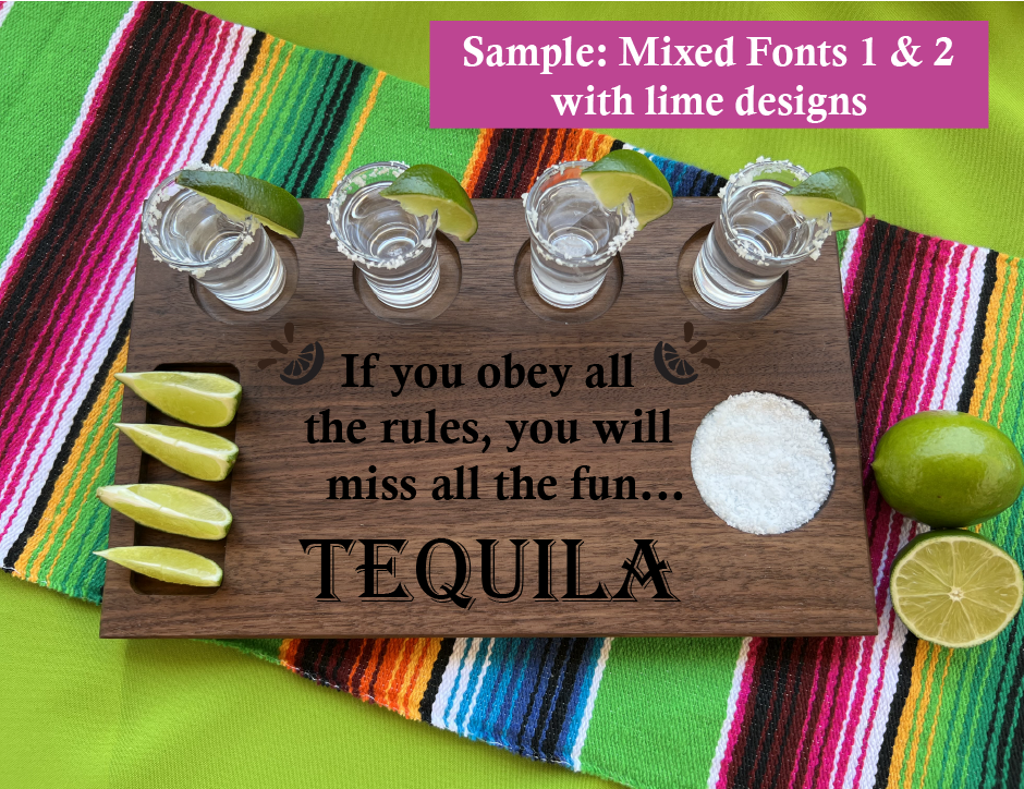 Walnut hardwood tequila flight board with custom tequila design and name engraved.  Handcrafted and engraved tequila flight board. Tequila gift for him.  Tequila cantina gift for her. Great personal gift for a tequila bar and cantina.