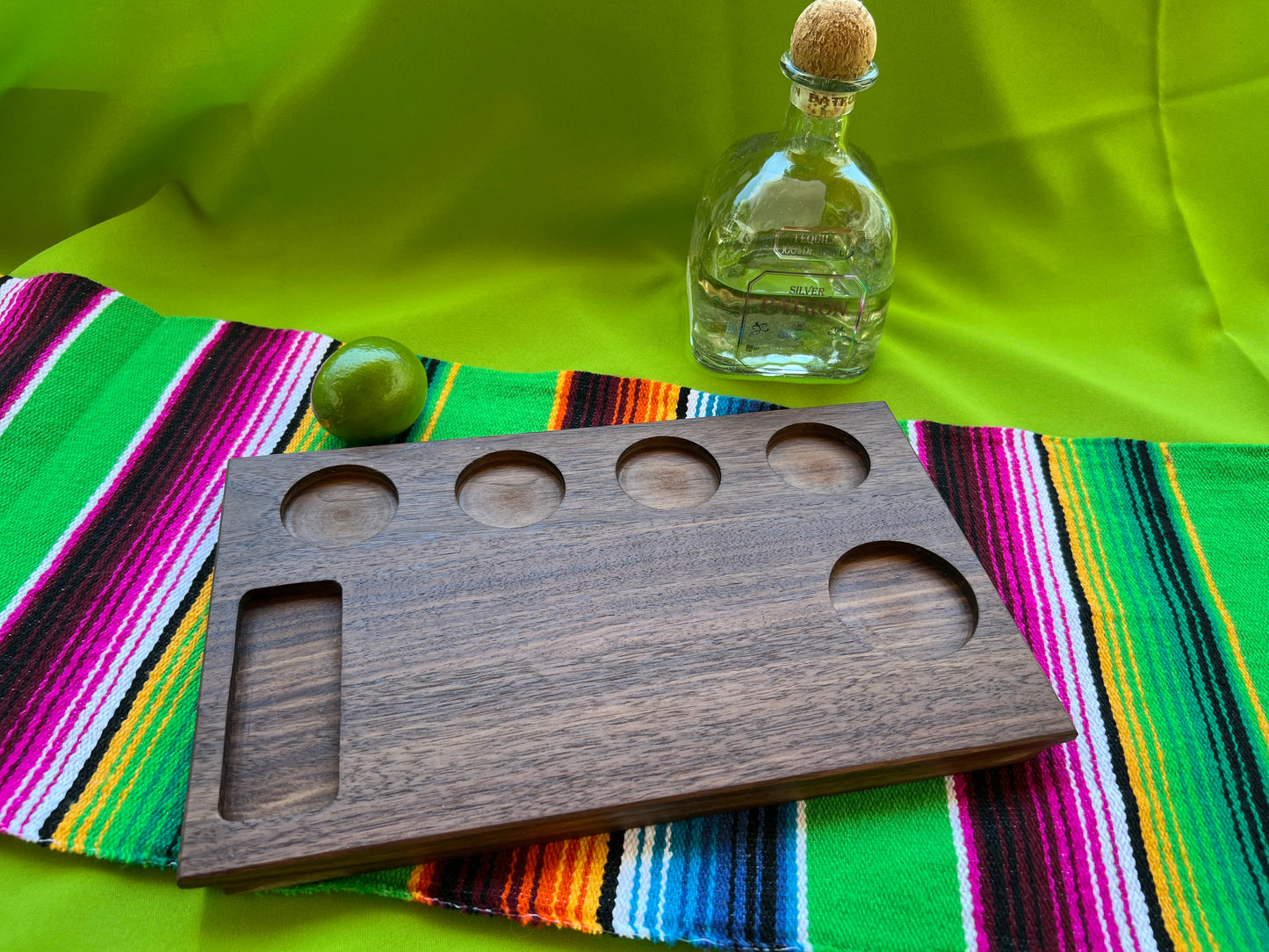 Walnut hardwood tequila flight board with custom tequila design and name engraved.  Handcrafted and engraved tequila flight board. Tequila gift for him.  Tequila cantina gift for her. Great personal gift for a tequila bar and cantina.